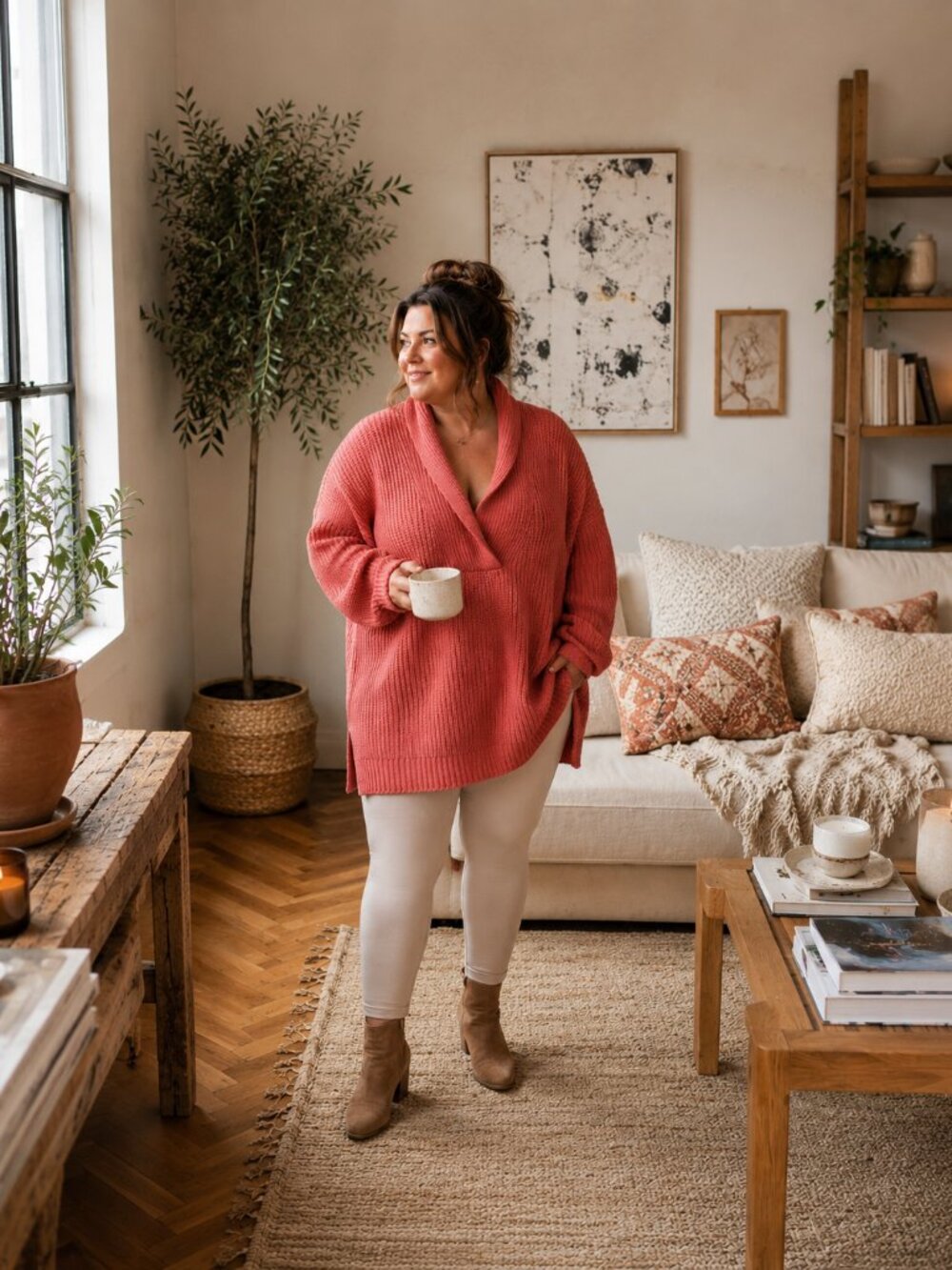 Talbots Plus 2X Coral Chunky Knit Tunic Sweater Oversized Shawl Collar Cozy